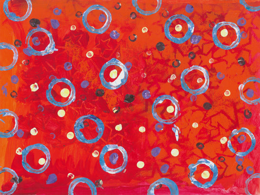 This is a painting with red and orange starry background and several blue and pale yellow circles and dots over the background