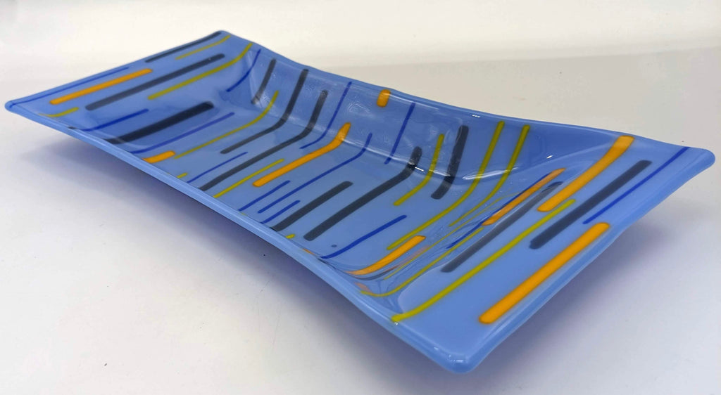 blue glass tray with lines horizontal