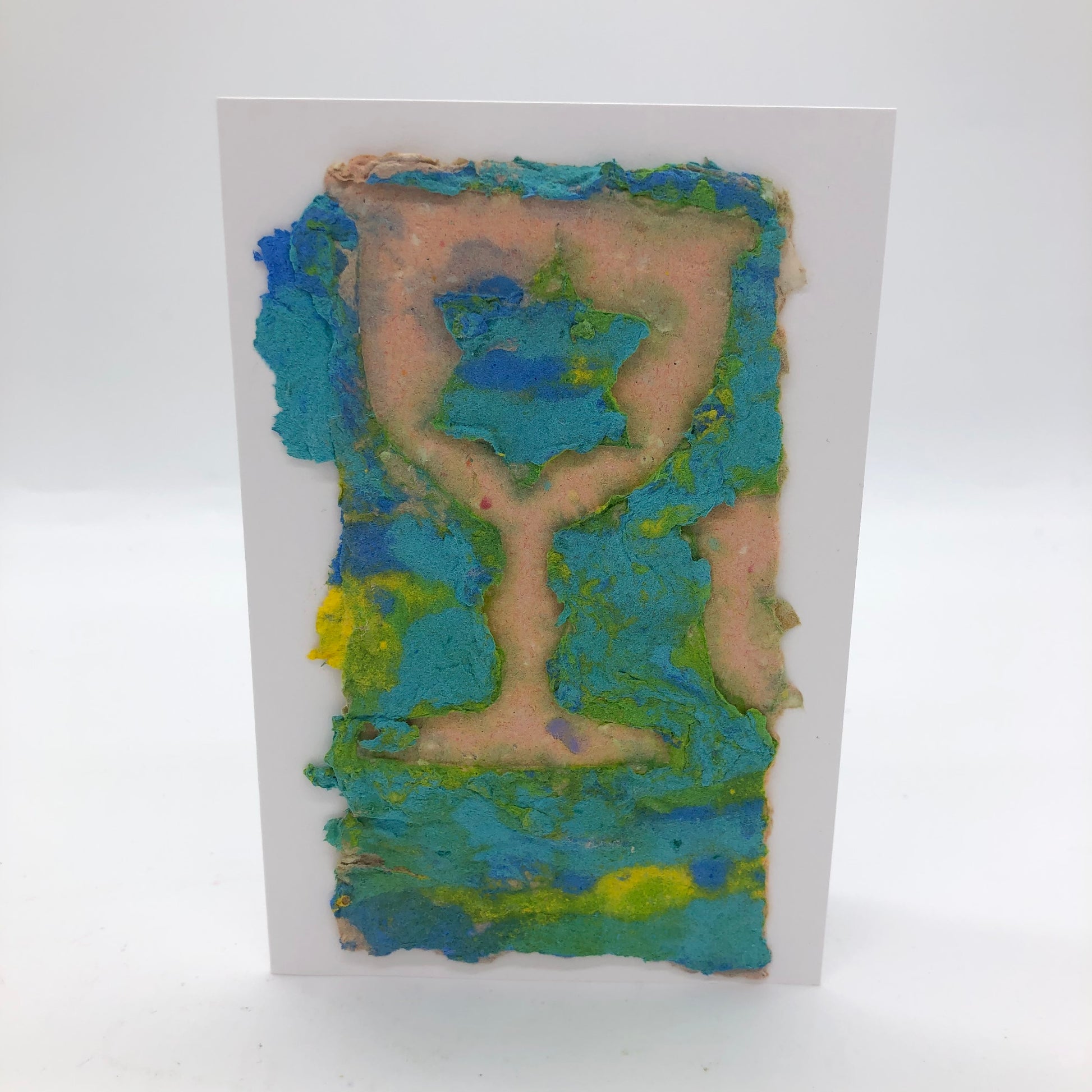 Handmade paper greeting card with white Kiddush cup and aqua/light blue Jewish star again aqua, yellow and light blue background