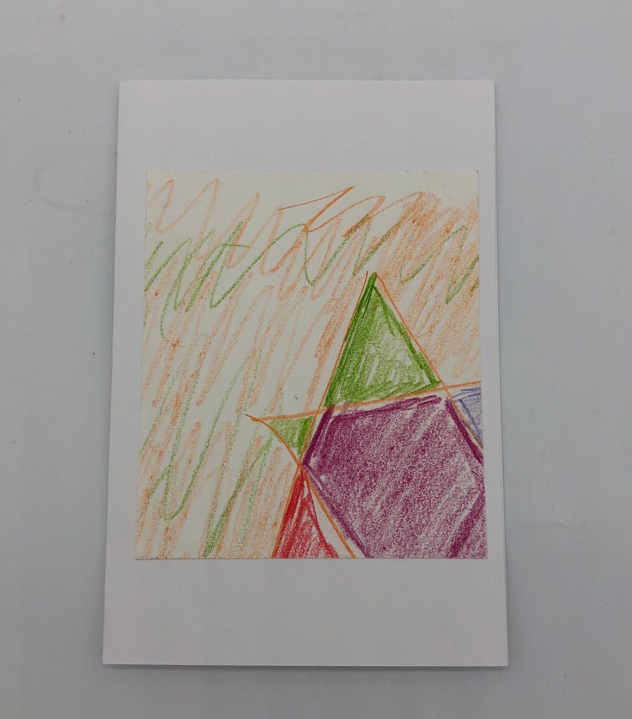 Colored pencil and crayon art of acropped star of David in lower right hand corner in green, purple, red and blue.  Background is in mostly burnt orange and a little green scribbly lines.