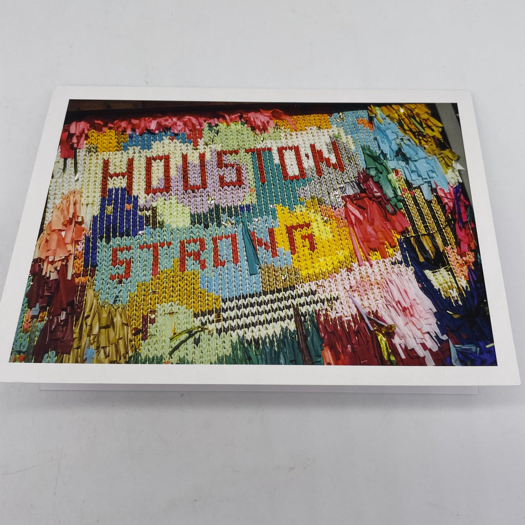 Greeting card with photograph ofcolorful woven art piece that says Houston Strong