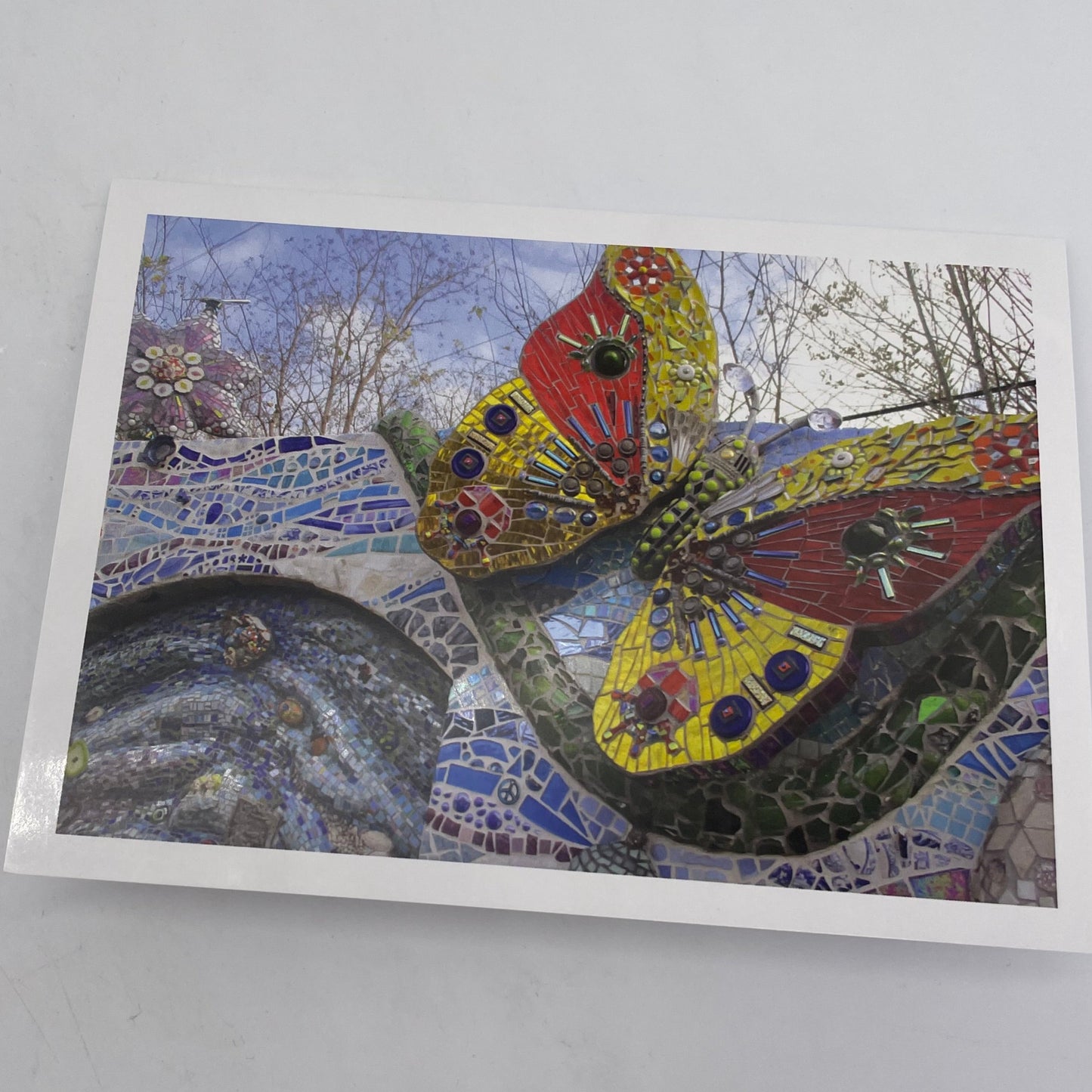 Greeting card with large outdoor mosaic with 3D butterfly