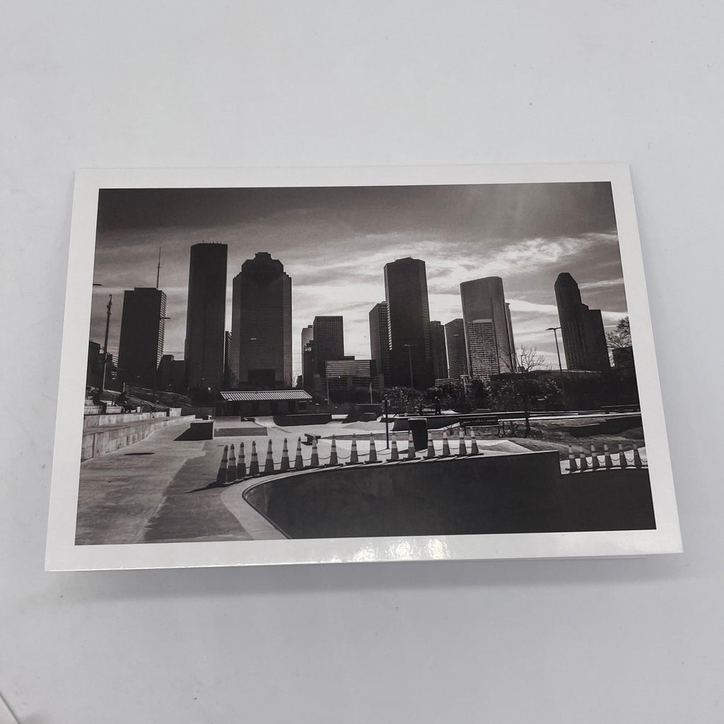 Black and white photograph of skyscrapers ih Houston