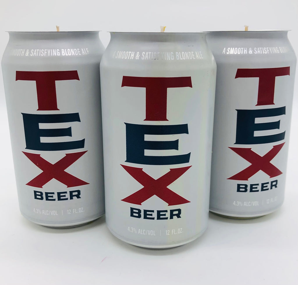 Three TEX beer cans made into candles
