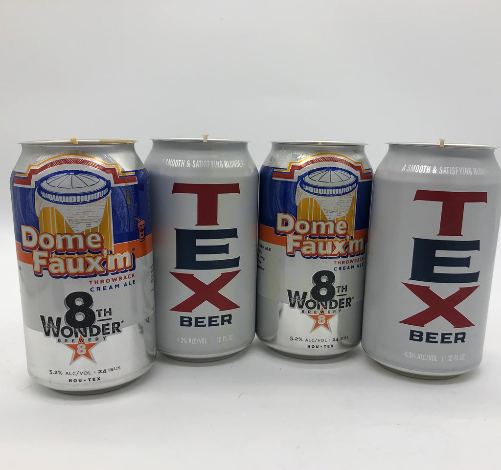 Four cans made into candles, two are Dome Fau'xm and two are Tex Beer.