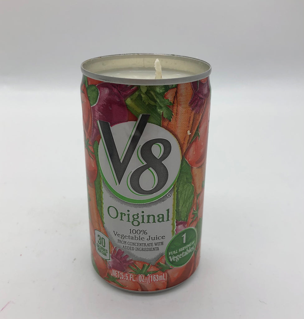 Small V8 can made into a white candle. 