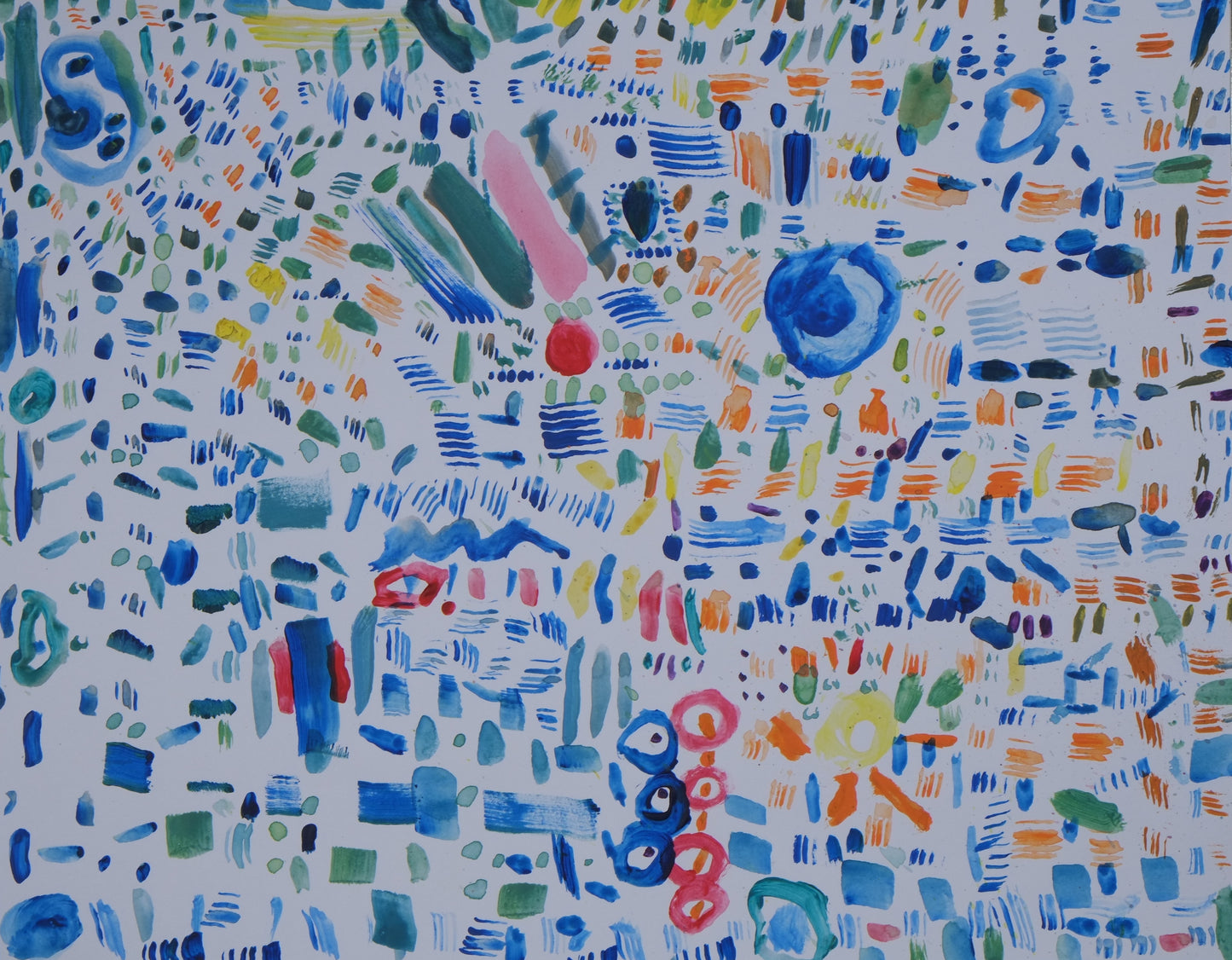 Acrylic on paper artwork on a mostly white background with tiny lines of blue, orange and yellow with larger streaks of green and pink with a few blue and pink circles