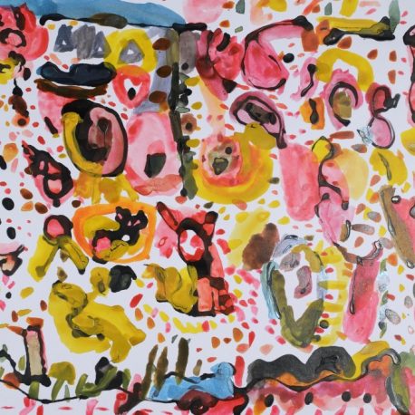 Acrylic and ink on paper white a mostly white background beneath tightly knit dots and circles of red and yellow with a rabbit in the middle and black accents throughout