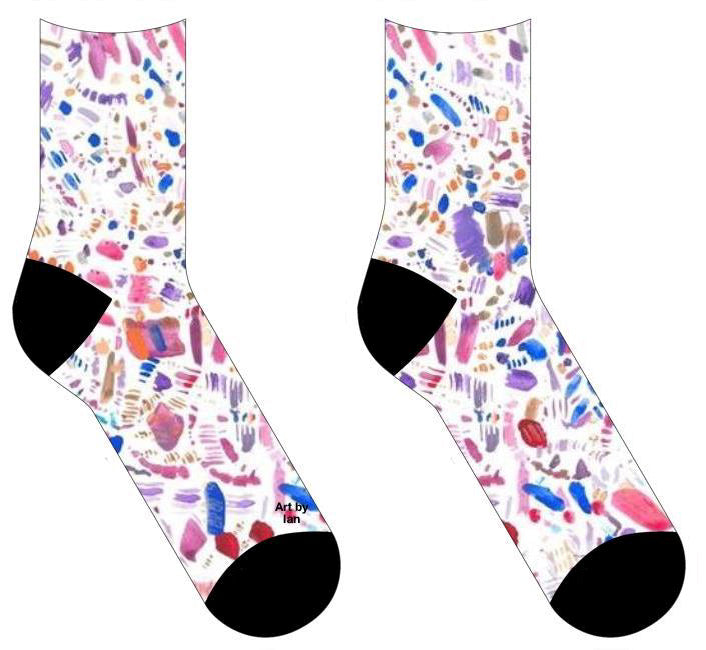 On socks A field of small brushstrokes that vary in widths, lengths, and densities. The brush strokes are mostly shades of red, purple, and blue and are applied in a translucent matter. On the right, bottom, and left borders, there are larger lines on the edges as well as some rectangles.