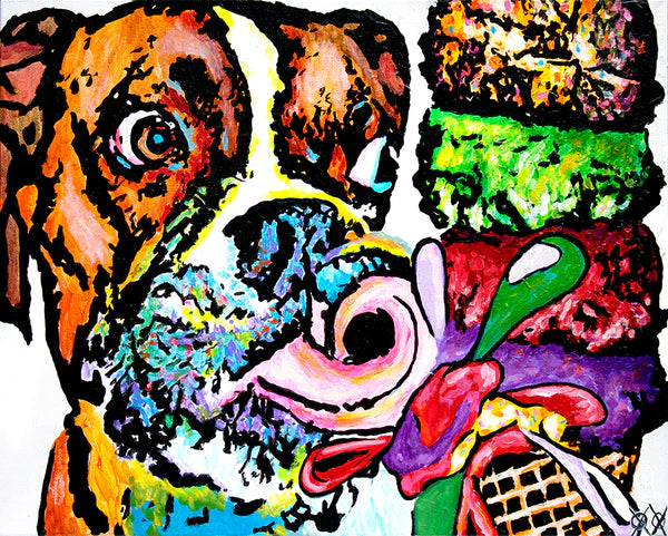 artwork print of dog liking colorful ice cream