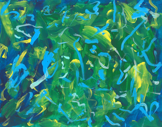 This is an abstract piece that is mostly blue and green, with yellow and lighter blue smudges and paint strokes