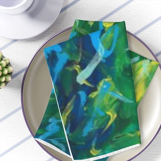 This is a napkin with the following painting: This is an abstract piece that is mostly blue and green, with yellow and lighter blue smudges and paint strokes