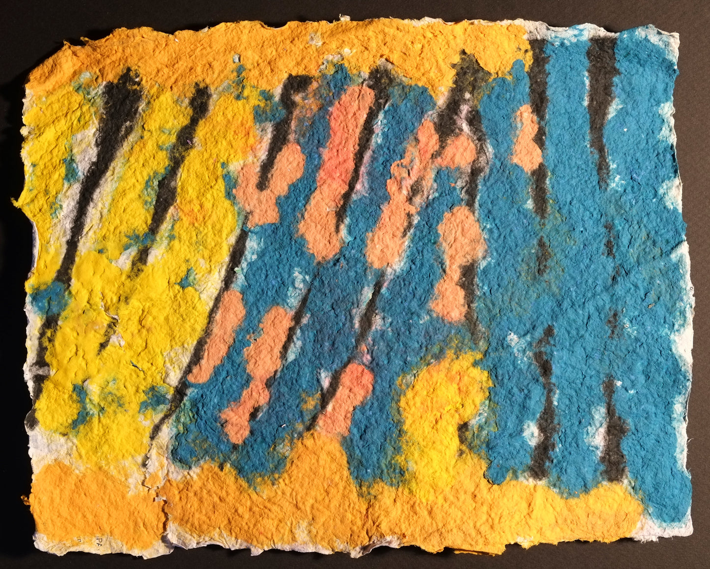 Pigment on recycled paper artwork with black vertical marks against a blue and golden yellow background