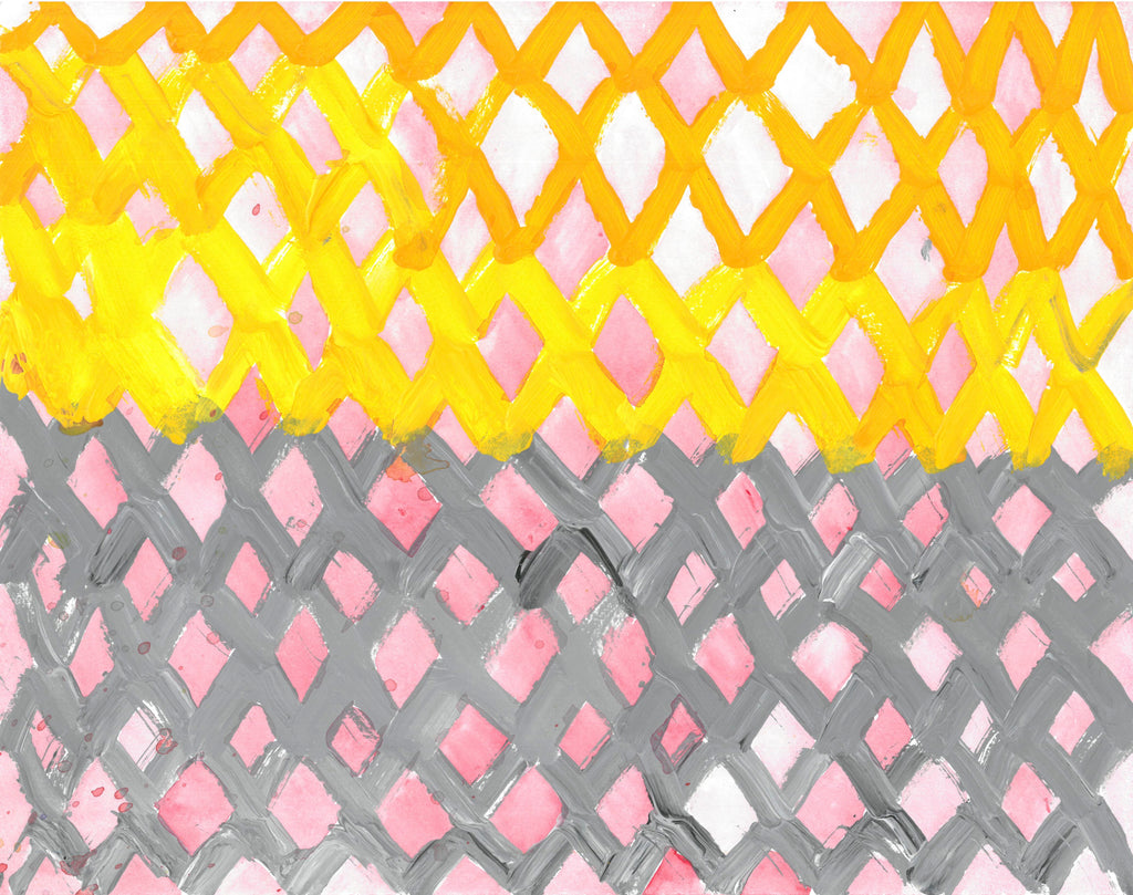 Painting of lattice work. The three top rows yellow and the three rows underneath gray. In between the lattice is a light wash of red