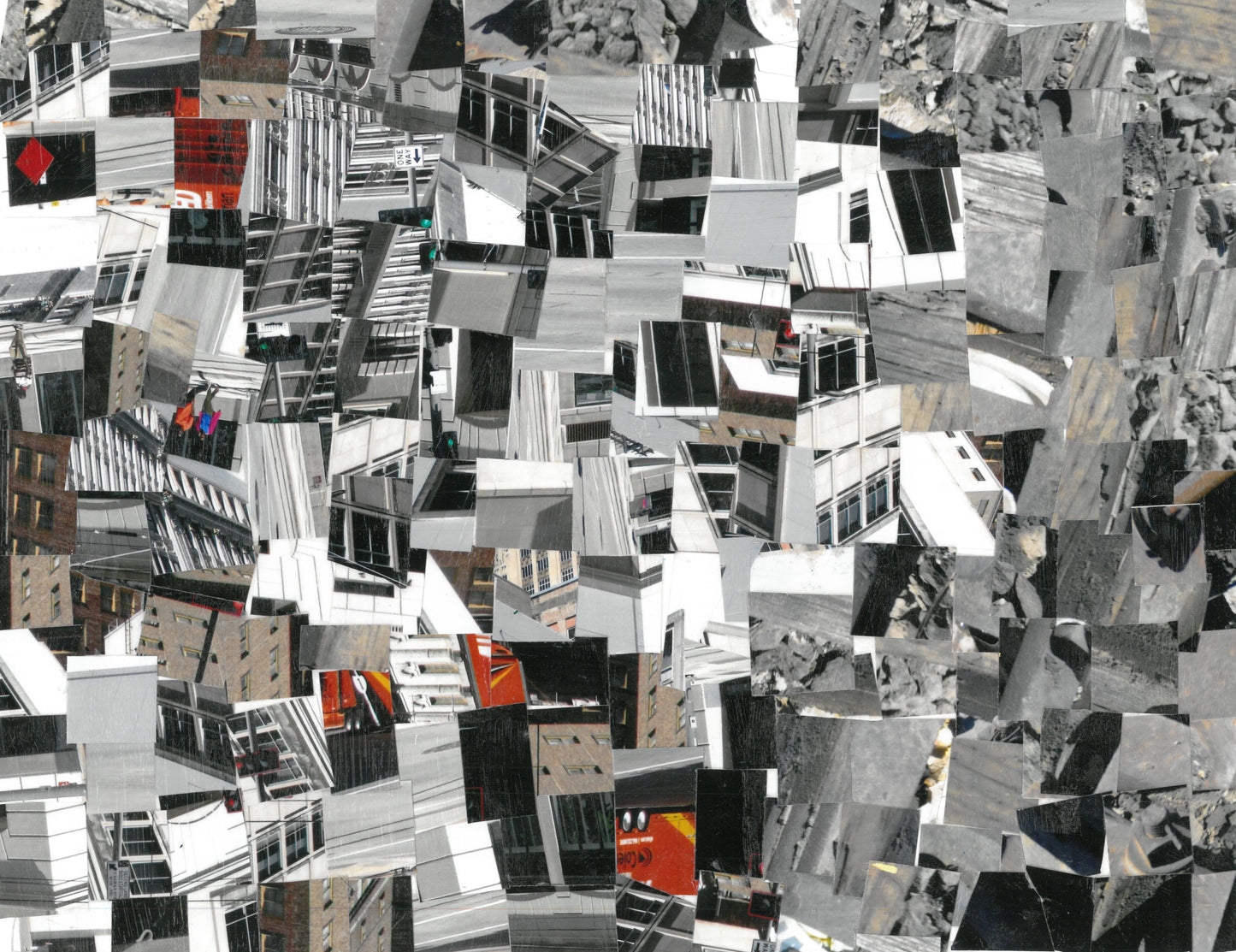 A Collage made up of rectangular cut photographs of cement buildings and sidewalks. The color scheme is grays with a few specs of orange and brown.