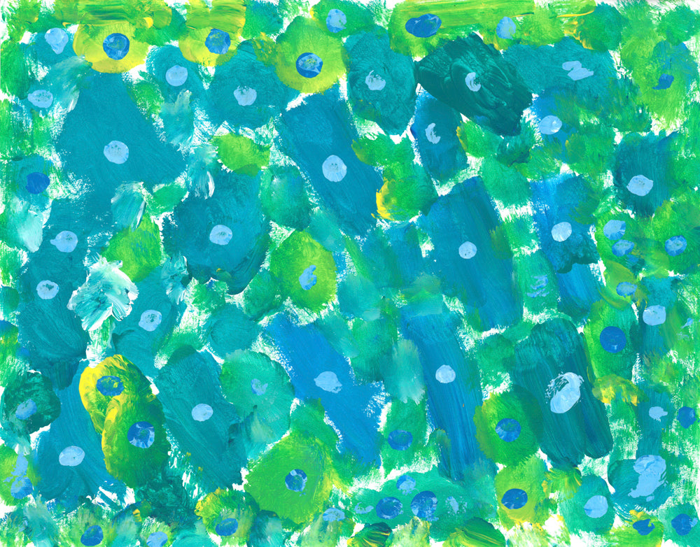 Streaks and splotches of grayish blue and yellowish green all have a light blue dot on them, except for about 15 which have a dark blue dot.