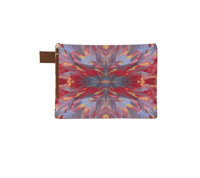 Large zipper pouch with leather pull tab. Image is of feathered yellow, red, and blue lines radiating from the center