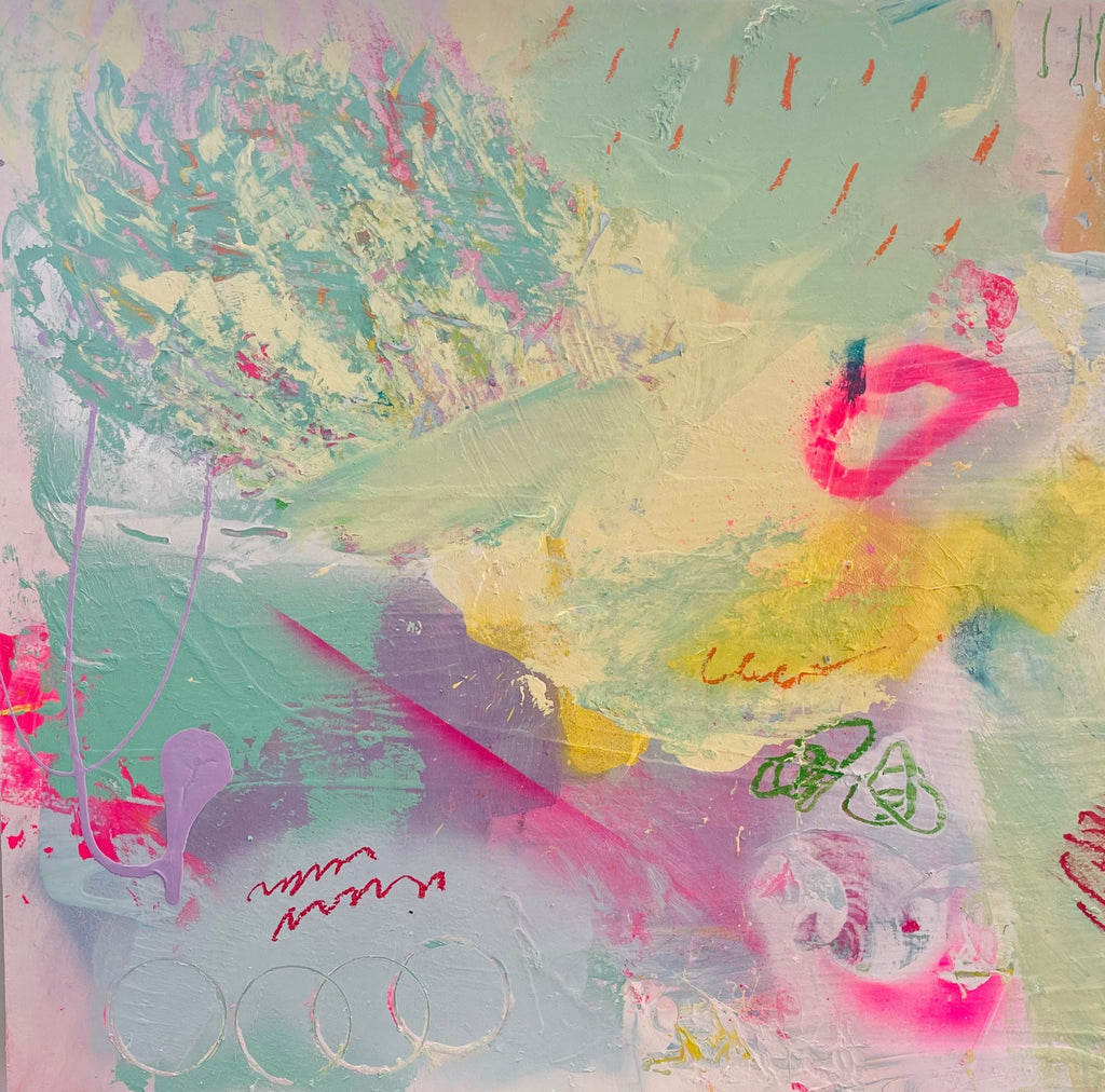 abstract painting with the color scheme of pastel greens and yellows, with strokes of bright orange and pink in select areas