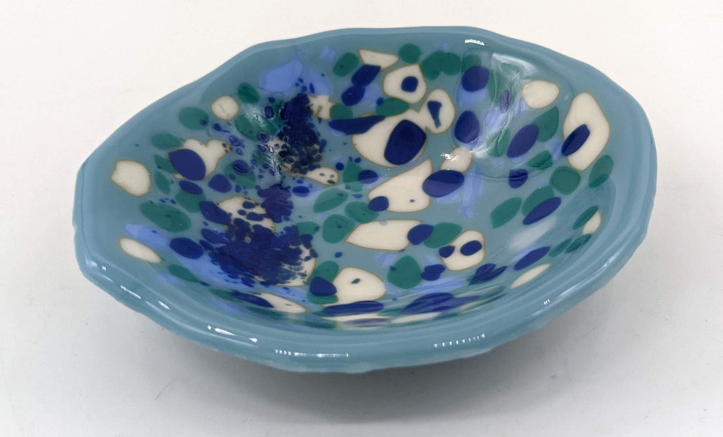 blue trinket bowl with dots of blues and white