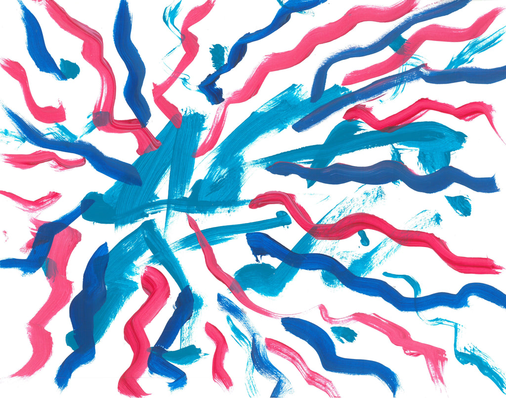 This is a painting that shows blue streaks of paints with several pink and dark blue squiggles of paint going toward it