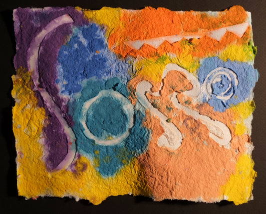 Pigment on recycled paper artwork with a background of melting colors of purple, yellow, orange and blue and white squiggle, circle, and swirl on top
