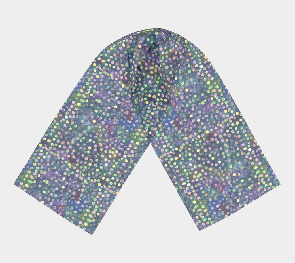 Scarf with blue, green and purple swirl background with yellow, green and pink dots