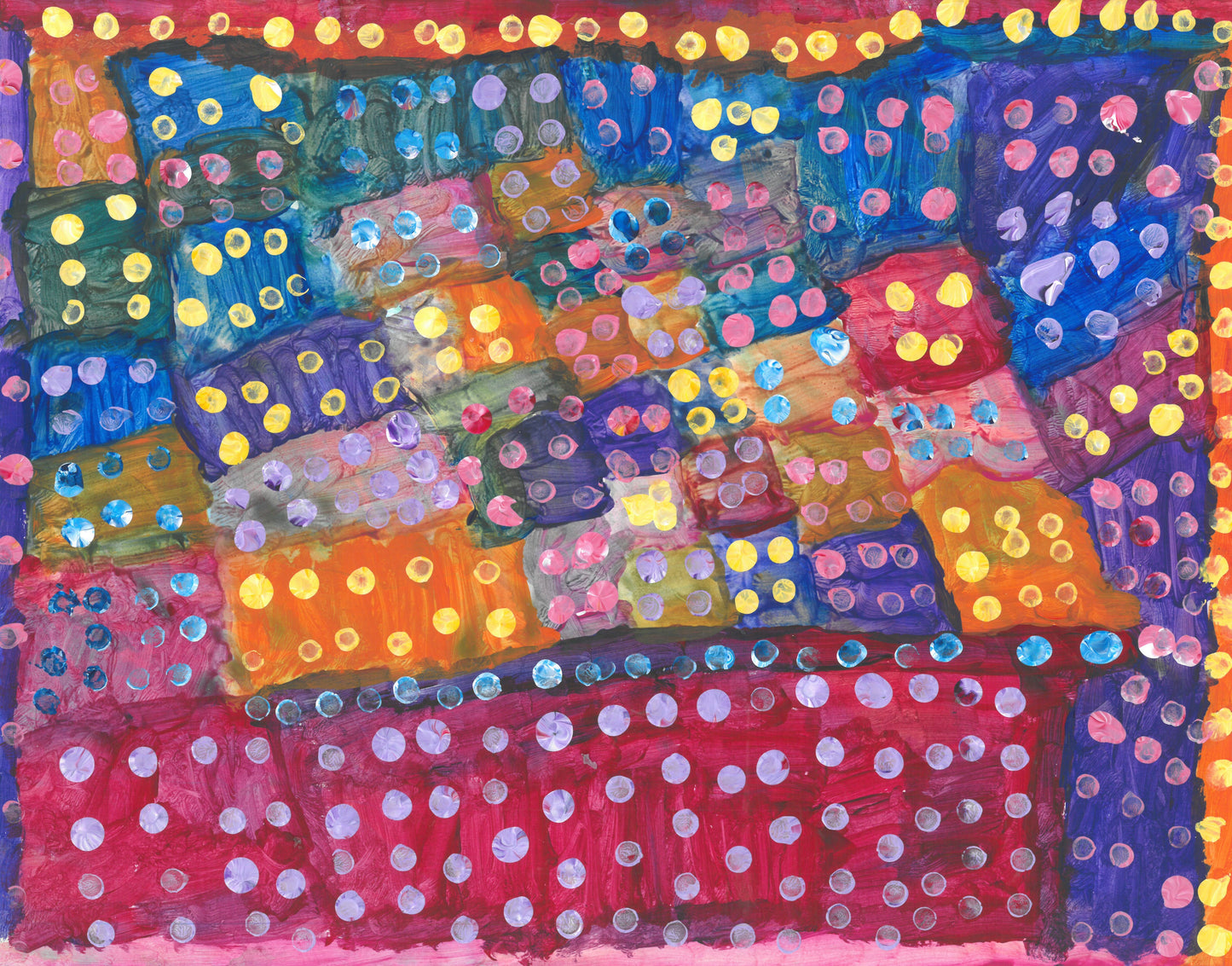This is a multicolored painting with several boxes of colors including red, orange, blue, purple and yellow. There are multicolored dots covering the page