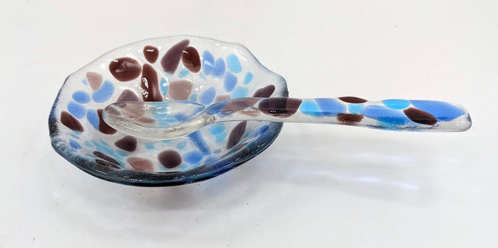 glass bowl and spoon set with blues and purples