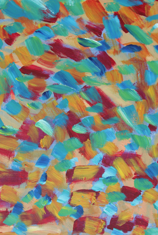 This is a series of bright brush strokes overlaying eachother in red, orange, blue, green, and yellow