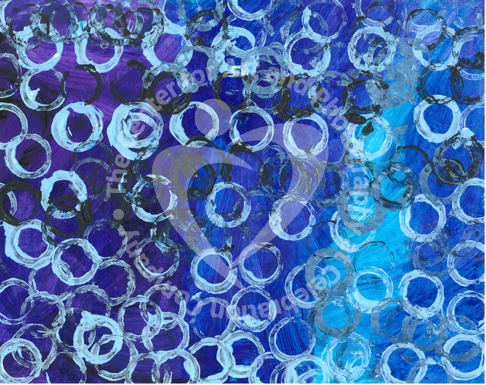 Artwork depicting gradient blue background with white and black circles overlaid