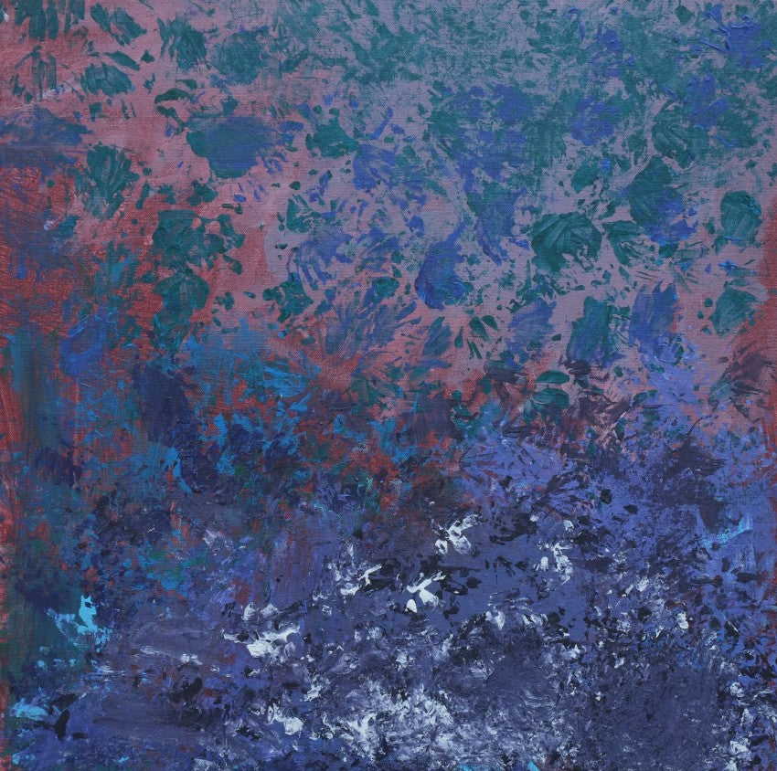 Acrylic on canvas artwork with indigo, dark green and white paint strokes overlaid on a red, blue and purple background