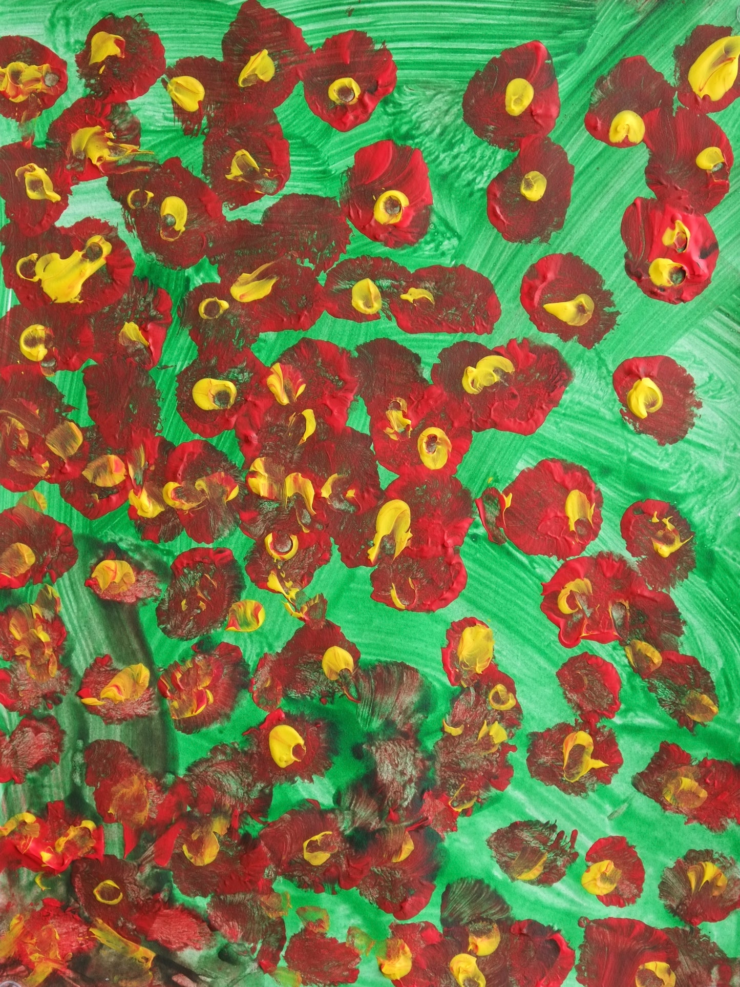 Acrylic on paper artwork with light green background and small red flowers with yellow centers