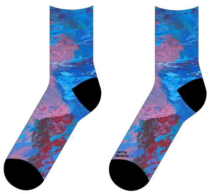 On socks Short brush strokes of light blue against a background of pink, blue, purple, and red. Small dots of pink in the lower left corner