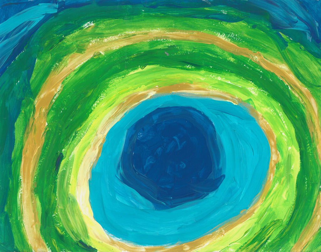 This is a painting with a dark blue circle in the center, and yellow, green, blue and dark green circles surrounding the inner circle