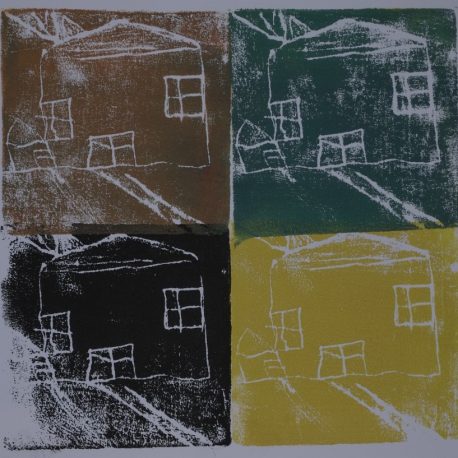 Ink on paper artwork with brown block and white house in top left corner, black box and white house in bottom left corner, green block and white house in top right corner and yellow block and white house in bottom right corner