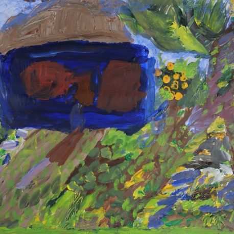 Acrylic on paper artwork depicting a blue house with brown windows and a light brown roof.  The right side of the piece features green garden, brown trees with green leaves and a small citrus fruit tree