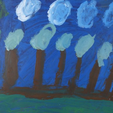 Acrylic on paper artwork depicting dark blue background with white clouds, green grass, brown and light green trees