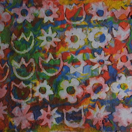 Pigment on handmade recycled paper artwork depicting yellow, green, yellow and orange background with various white flower shapes