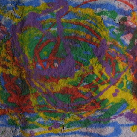 Pigment on recycled paper artwork depicting blue, green, yellow, red and green swirls