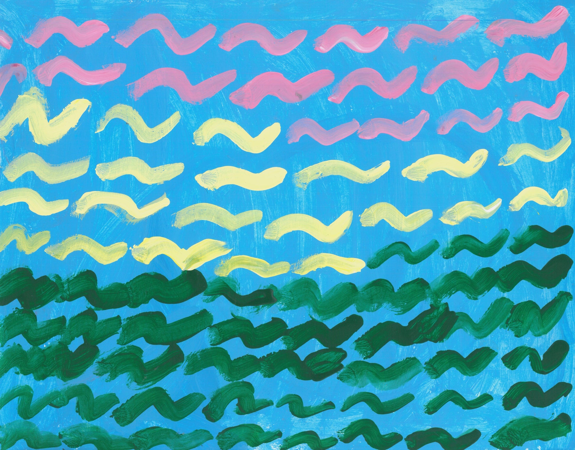 This is a painting with a blue background and green, yellow and pink horizontal squiggles.