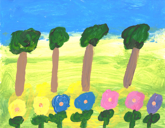 This is a painting of a blue and yellow sky background and four trees. There are 7 blue, yellow and pink flowers at the bottom.