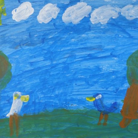 Acrylic on paper artwork with a blue sky, white clouds, green grass and a white and blue bird with yellow beaks in the foreground