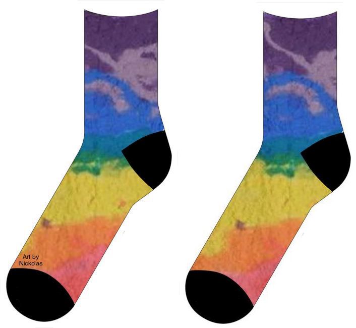 On socks Highly textured handmade paper with horizontal lines of color (starting at the top) red, orange, yellow, green, blue, light purple, and dark purple.