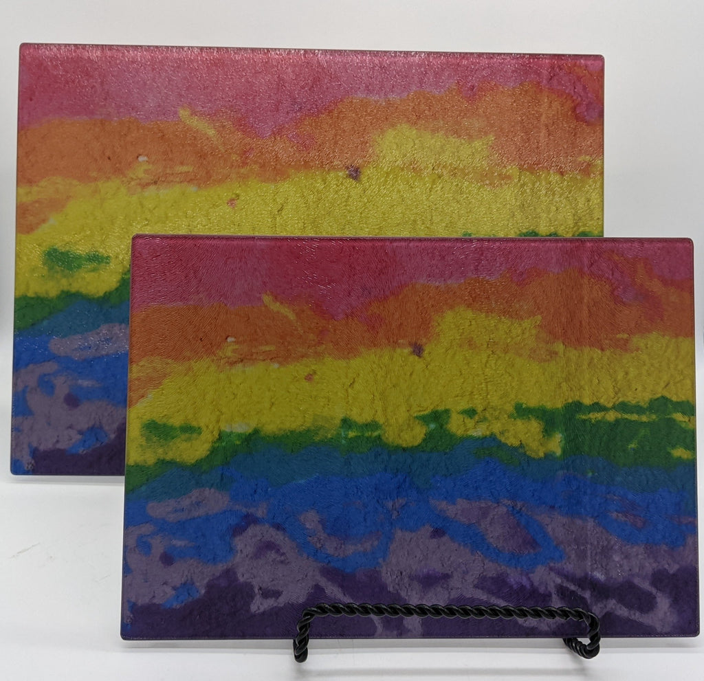cutting board with the image of horizontal rainbow colors