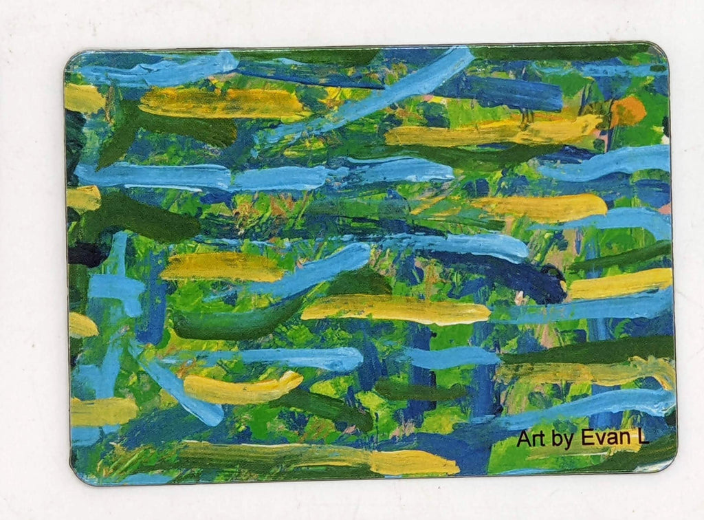 This is a magnet of green, blue, and yellow horizontal lines in abstract form.