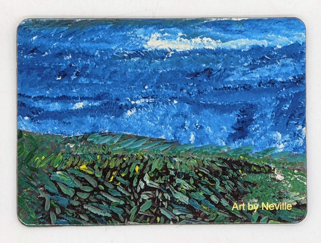 This is a magnet. On the magnet is this:  a painting of a landscape. the top is blue and white sky over a green, yellow and brown earthly section using crosshatching