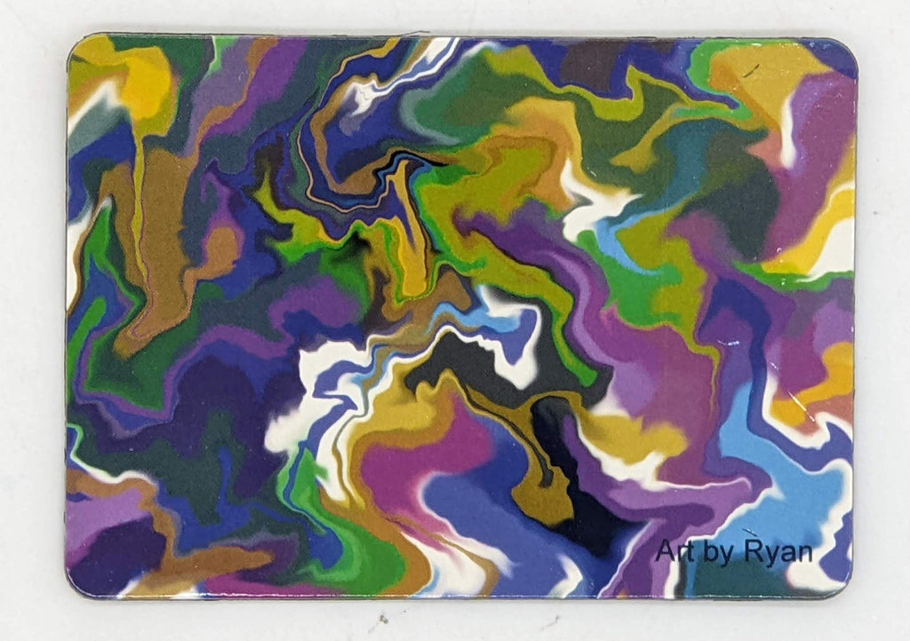 A magnet with the following piece: This is an abstract piece with swirled colors - purple, blue, white, yellow, green, black.. It says Art by Ryan