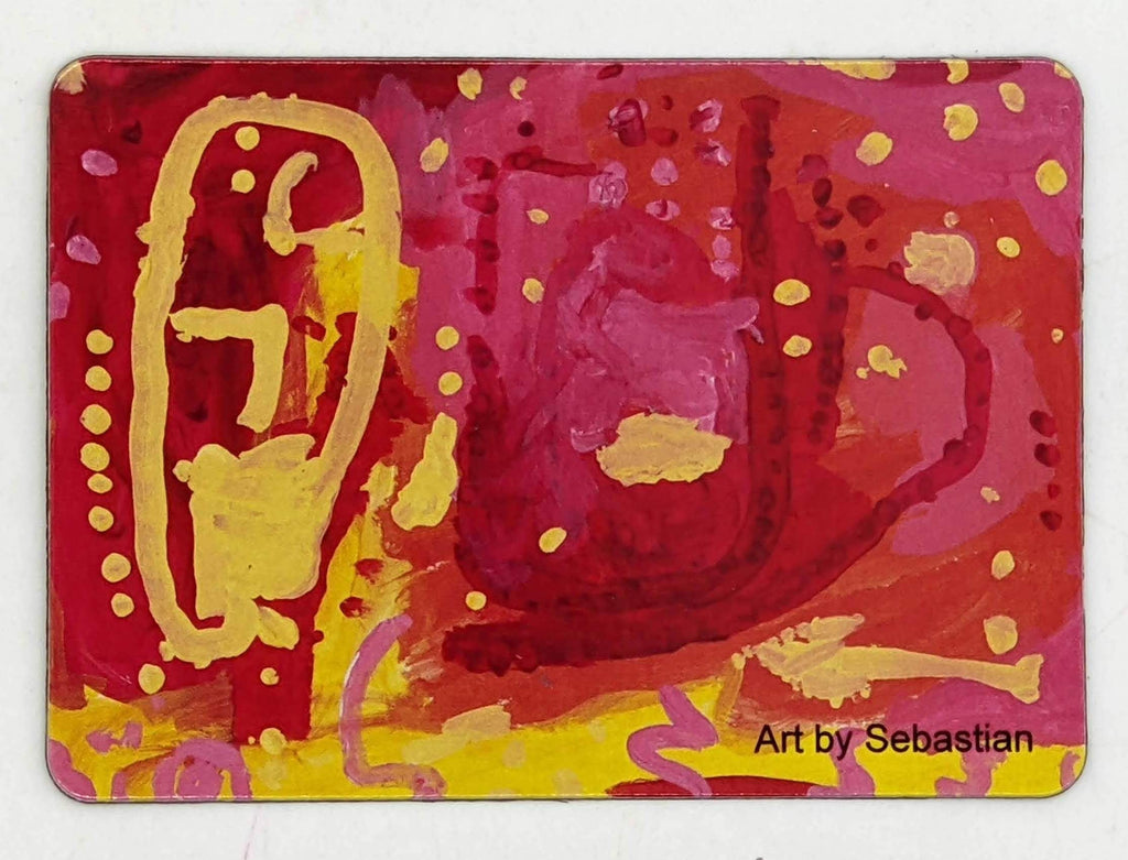 This is a magnet with the following painting: This is an abstract painting of a yellow face, with red, orange, pink and yellow quiggles and dots