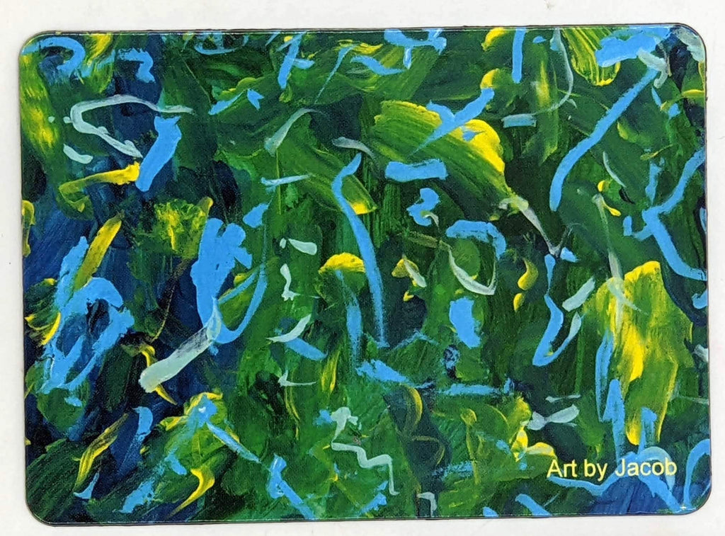 This is a magnet with the following painting: This is an abstract piece that is mostly blue and green, with yellow and lighter blue smudges and paint strokes. It says Art by Jacob