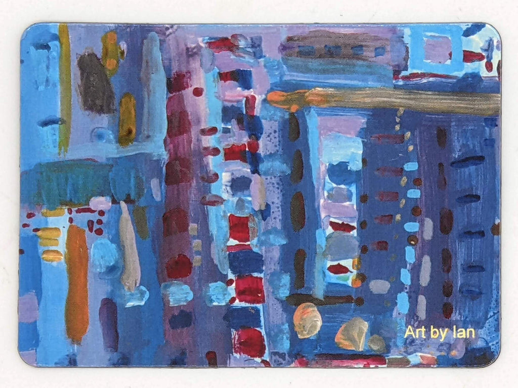 This is a magnet with the following painting: its comprised of several different shades of blue lines in different directions. There are orange, red, and purple shades as well.